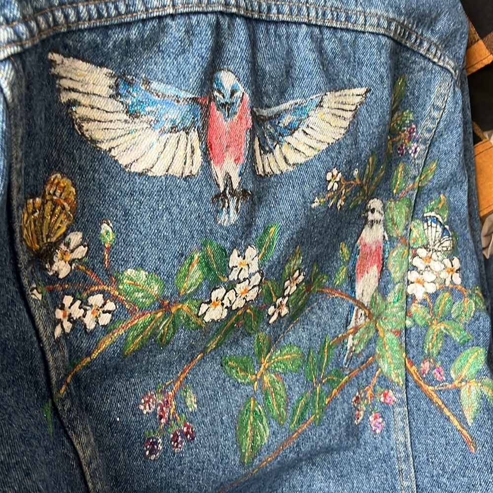 Vintage 80’s Lee hand painted denim trucker jacket birds. M - Picture 6 of 6